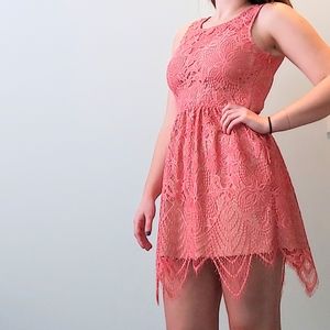 Love, Fire Coral Lace Spring Wedding Guest Dress